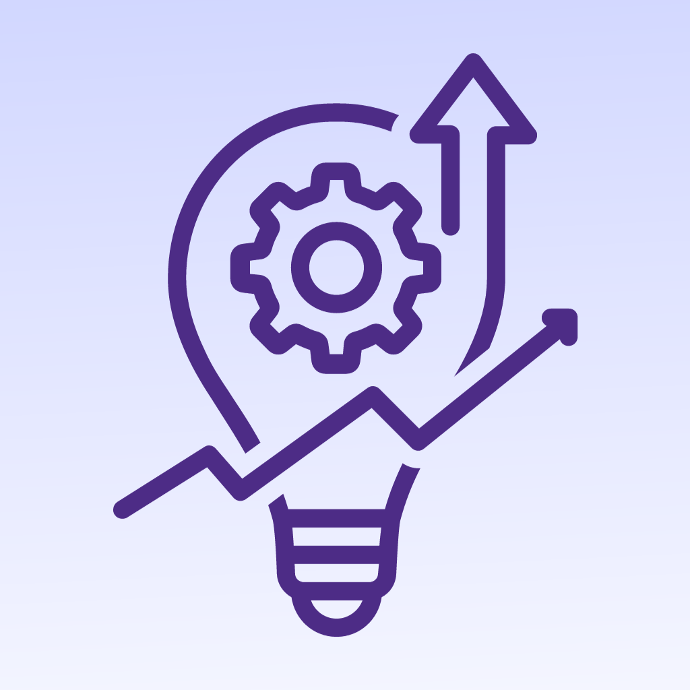 Feature Enhancement and Best Practice Alignment Lightbulb with a gearwheel in it, an arrow shooting out of the bulb, and an arrow escalating across the bulb.