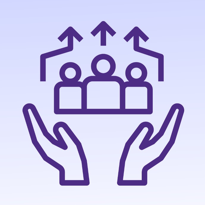 Expert Training and Support Group of people held by supportive hands as arrow skyrocket upwards.