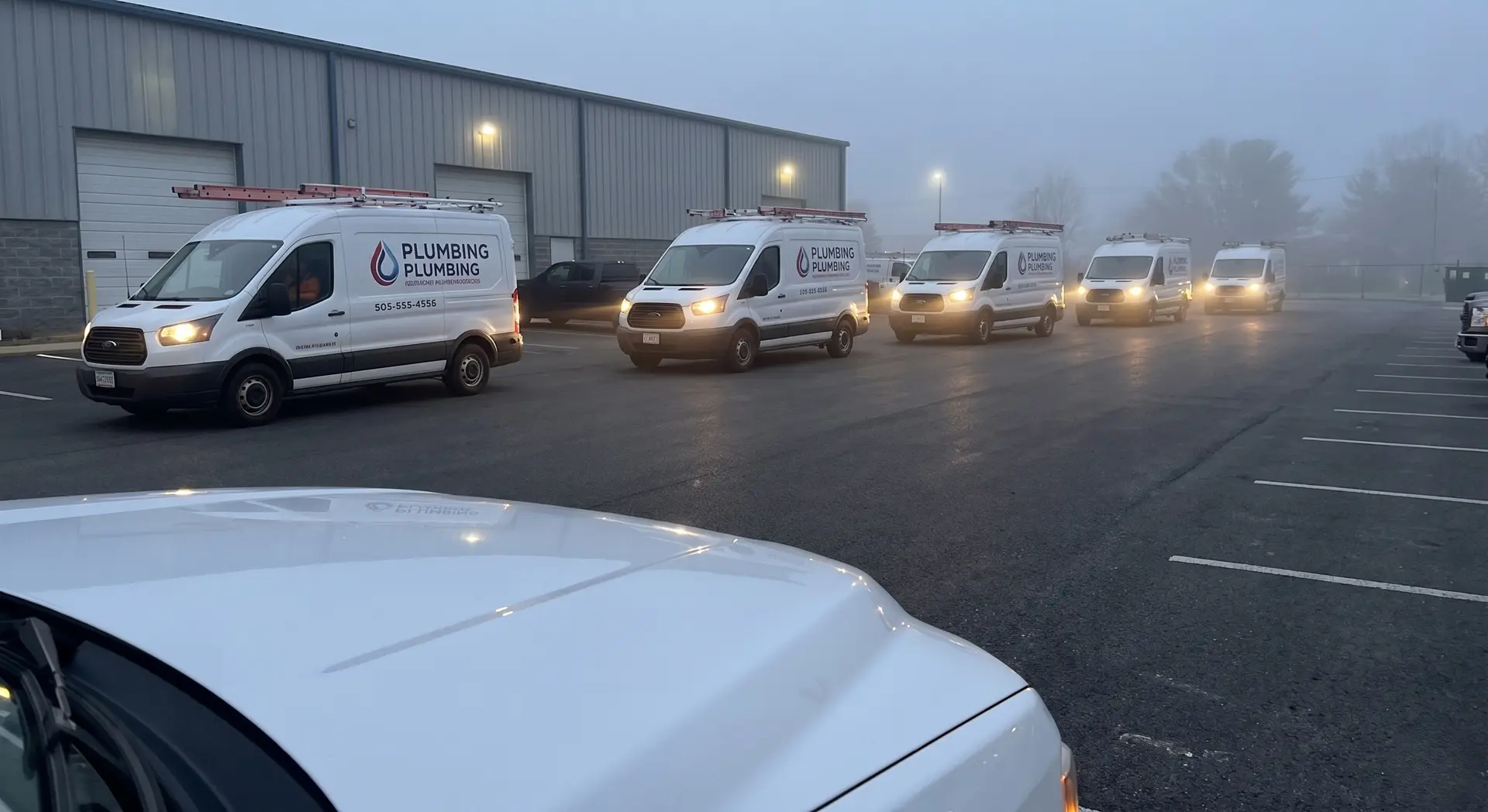 Fleet of professional plumbing service vans departing for real-time job-costed field operations in a unified ERP system.