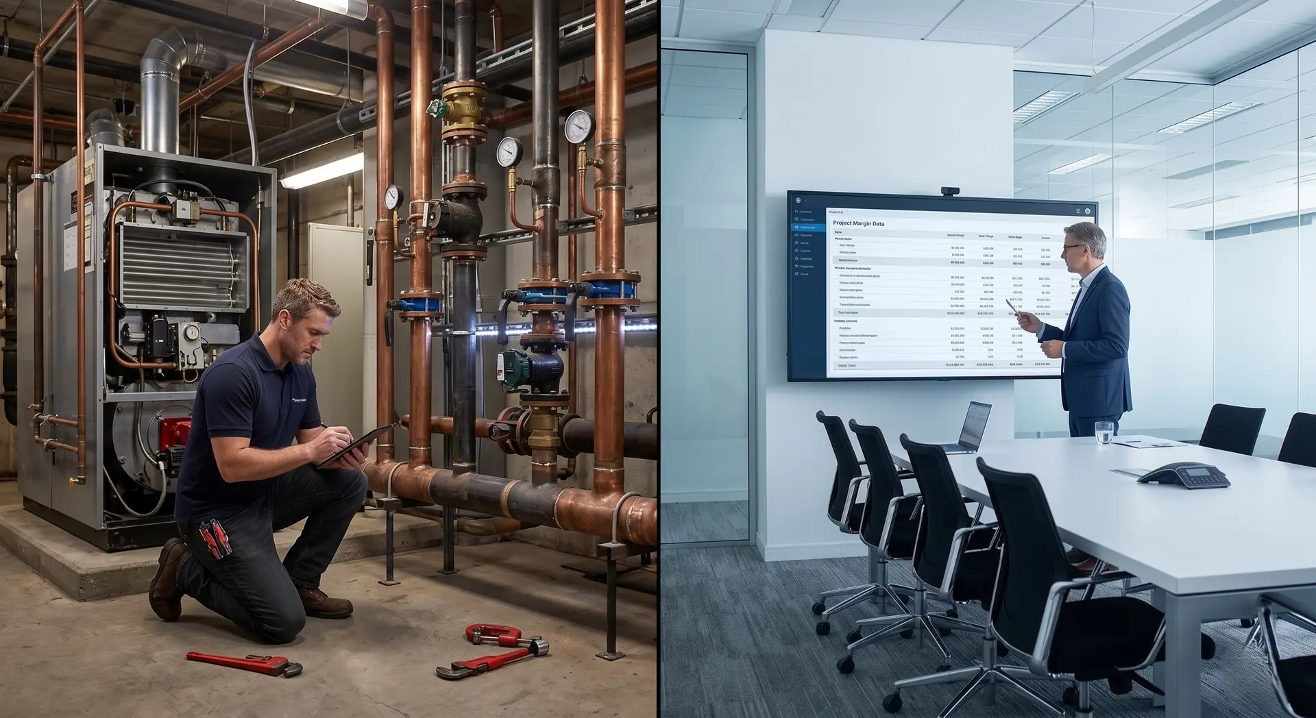 Split view showing a plumbing technician tracking field labor on a tablet alongside a corporate executive reviewing real-time project margin data in a boardroom