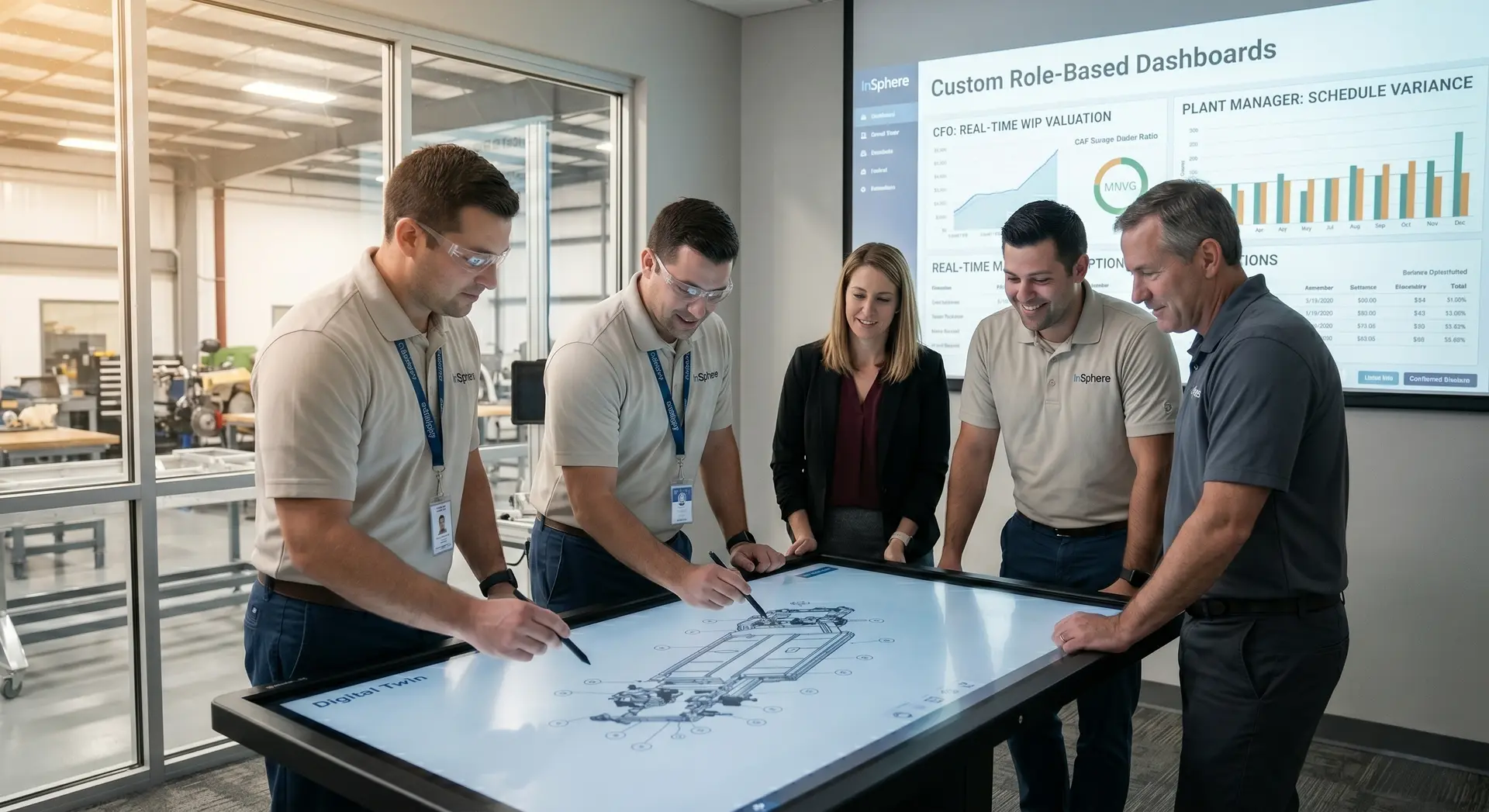 Executives in a boardroom reviewing a live Gantt chart and financial KPI dashboard that is synchronized directly with shop floor operations