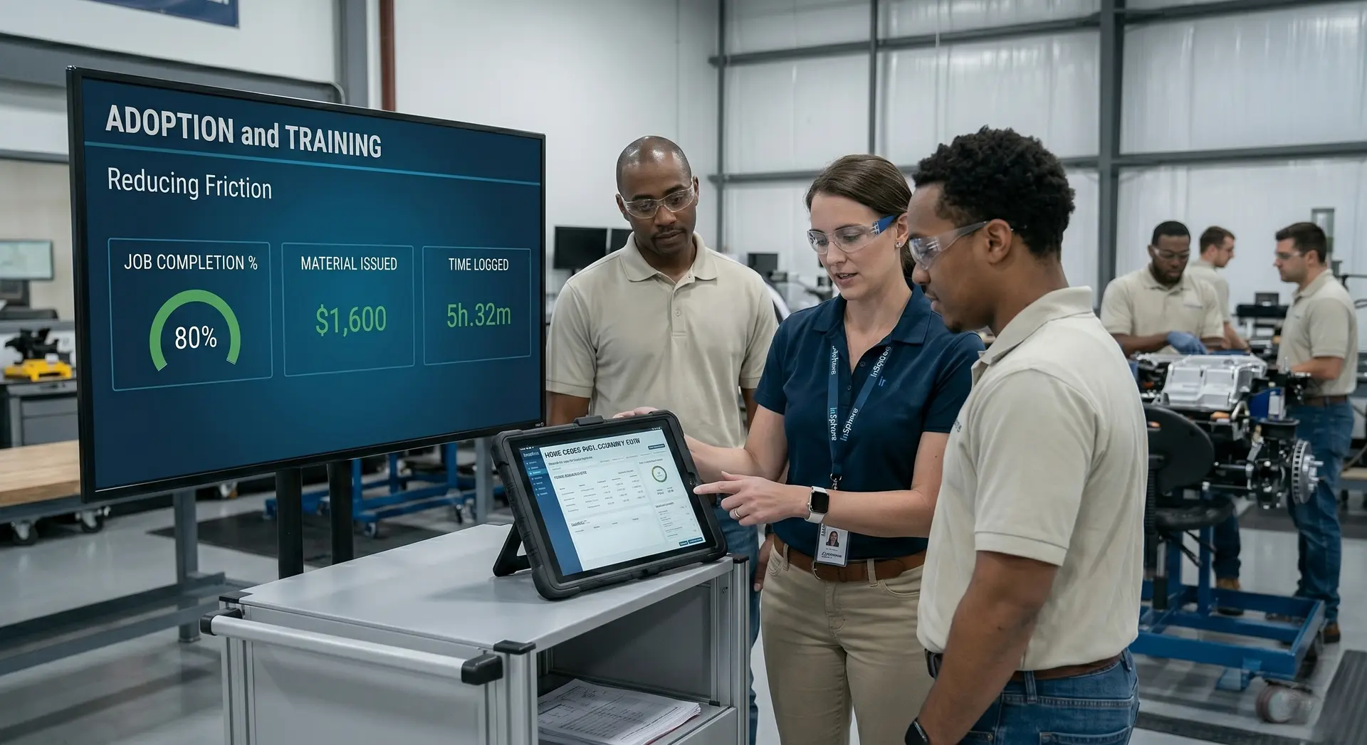InSphere team members providing hands-on ERP adoption and training to staff, focusing on reducing friction in time logging and material issuance