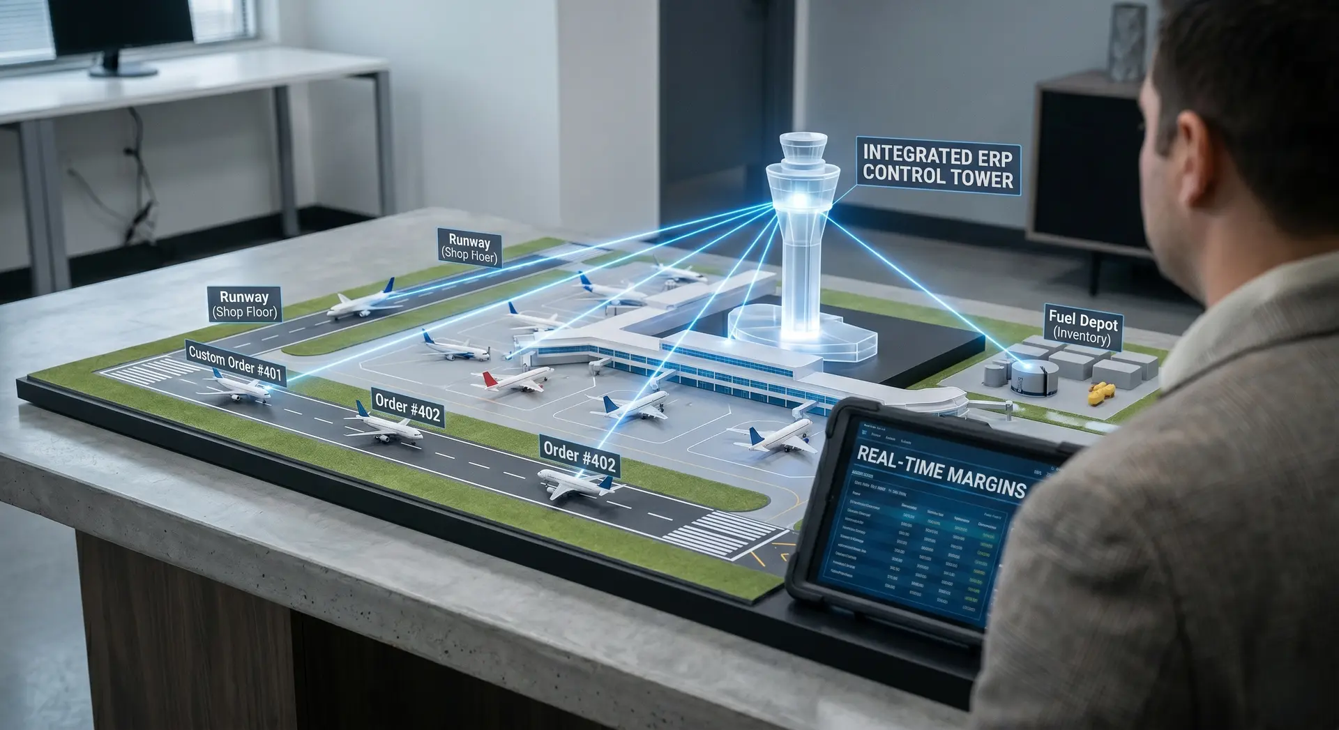 An executive overlooking a manufacturing facility visualized as an Integrated ERP Control Tower, tracking real-time margins and custom order runways.