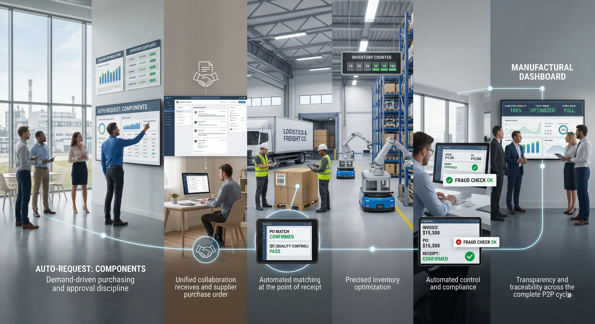 A panoramic corporate illustration showing an end-to-end automated Procure-to-Pay (P2P) workflow across office, logistics, warehouse, and finance environments, highlighting seamless ERP data integration and digital supply chain visibility. Discover how an automated Procure-to-Pay (P2P) workflow eliminates manual friction. Seamlessly connect procurement, supplier collaboration, logistics, inventory optimization, and automated accounts payable within a unified ERP ecosystem.